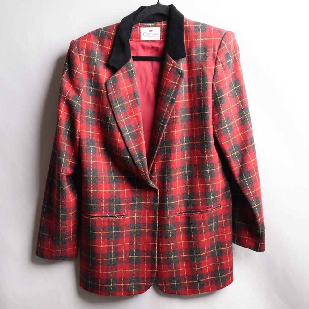 Vintage Red Tartan Plaid Wool Blazer Velvet Collar Academia Jacket Womens XL 90s